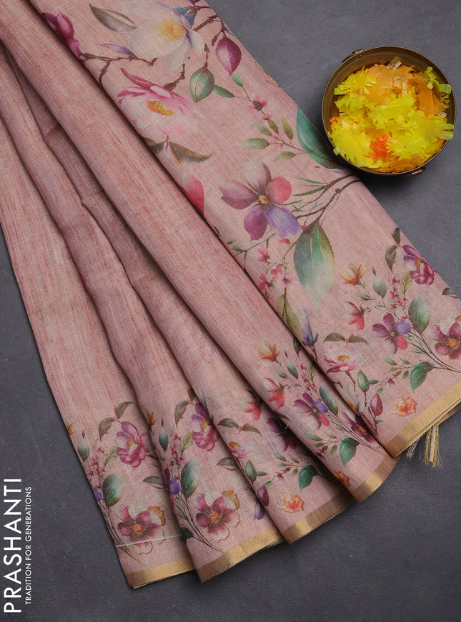 Linen cotton saree peach shade with plain body and digital printed border