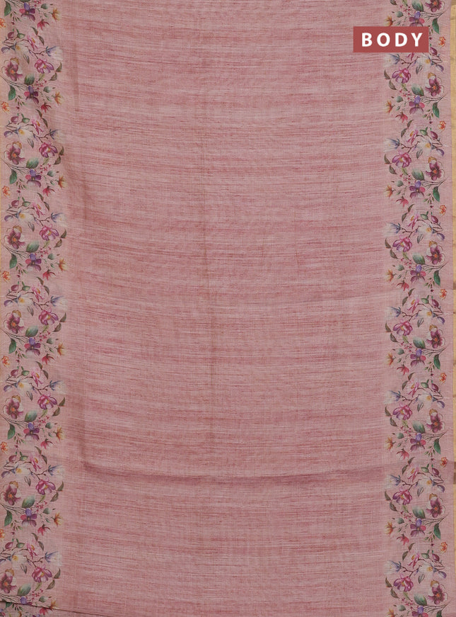 Linen cotton saree peach shade with plain body and digital printed border