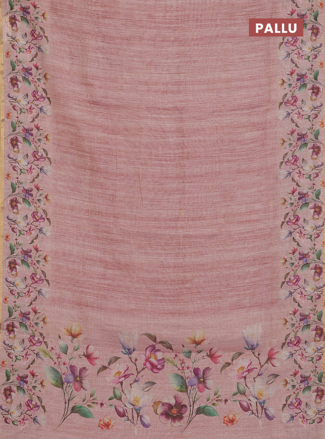 Linen cotton saree peach shade with plain body and digital printed border