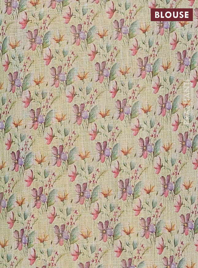 Linen cotton saree light green with plain body and digital printed border