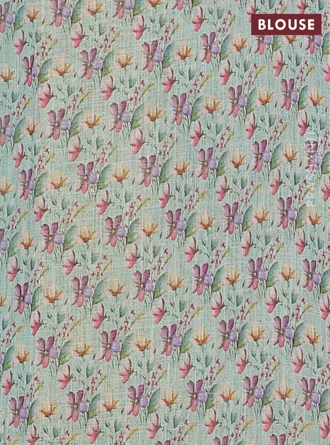 Linen cotton saree teal green with plain body and digital printed border