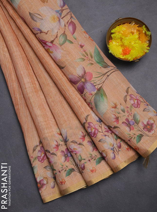 Linen cotton saree peach shade with plain body and digital printed border