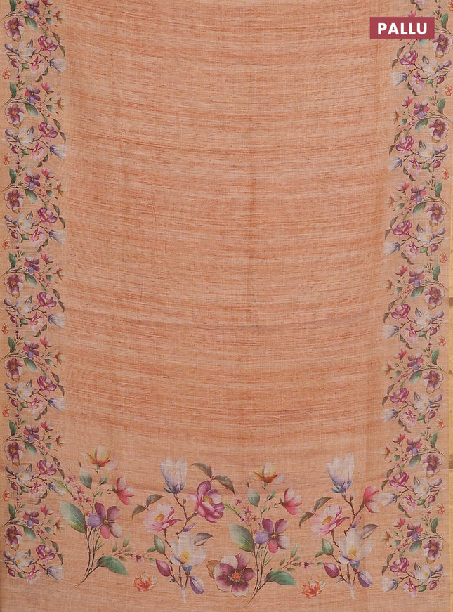 Linen cotton saree peach shade with plain body and digital printed border