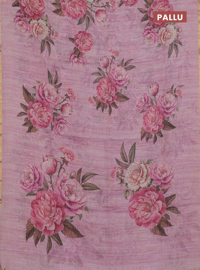 Linen cotton saree light pink with plain body and digital printed border