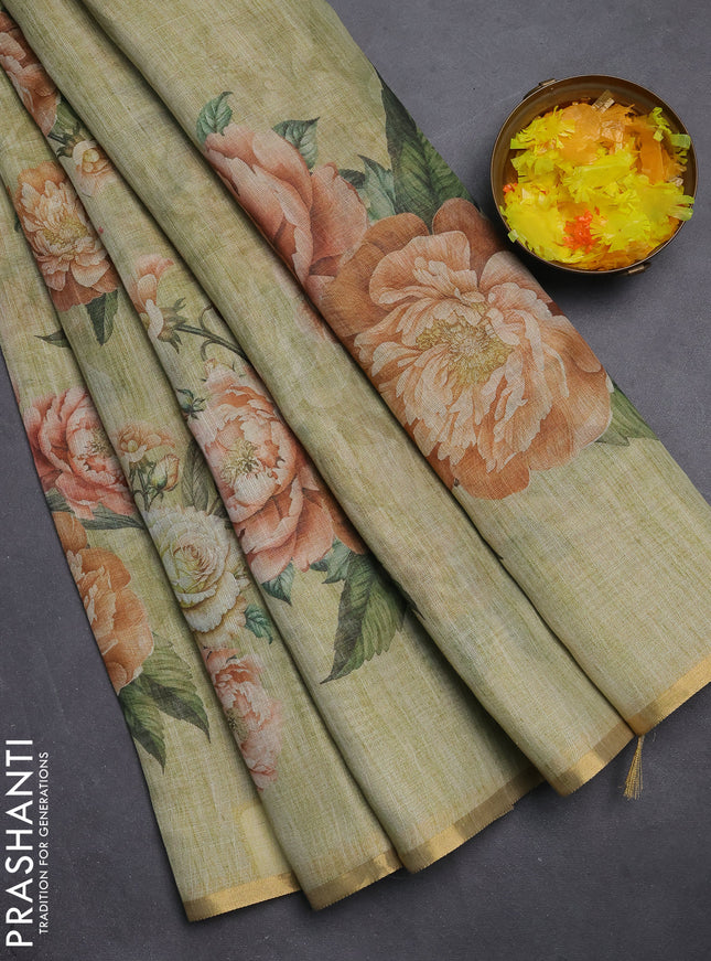 Linen cotton saree pista green with plain body and digital printed border