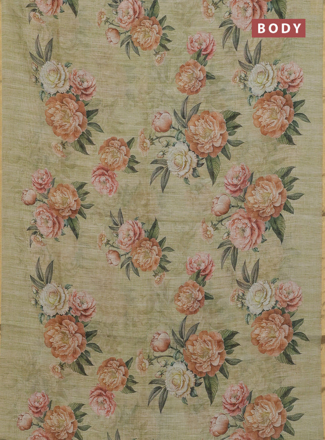 Linen cotton saree pista green with plain body and digital printed border