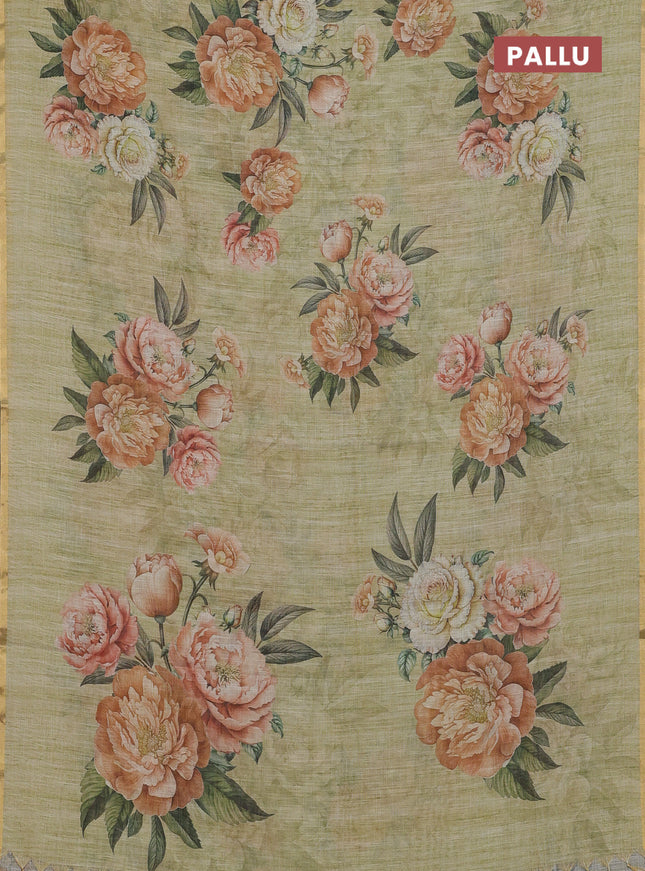 Linen cotton saree pista green with plain body and digital printed border