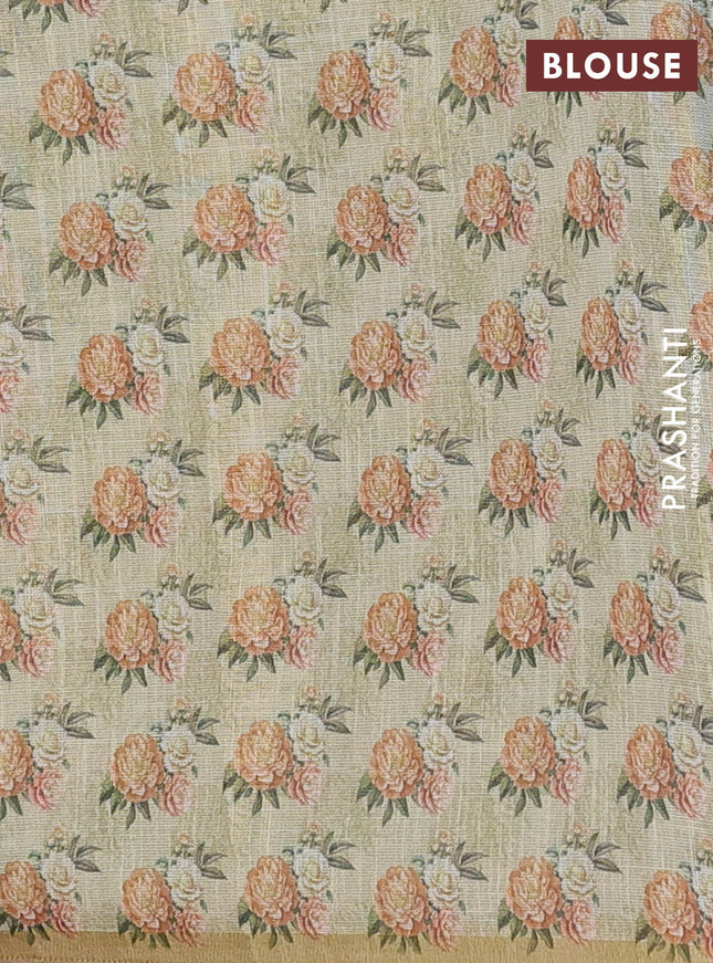 Linen cotton saree pista green with plain body and digital printed border