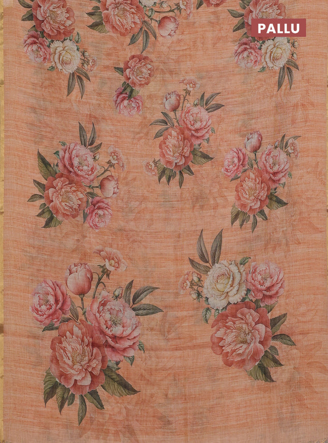 Linen cotton saree peach orange with plain body and digital printed border