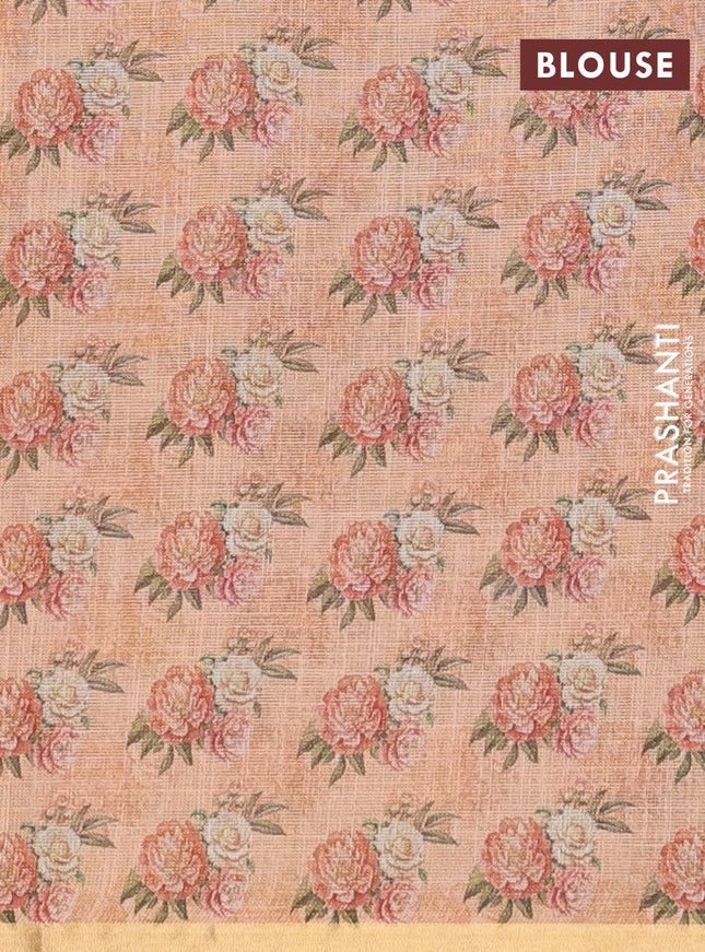 Linen cotton saree peach orange with plain body and digital printed border