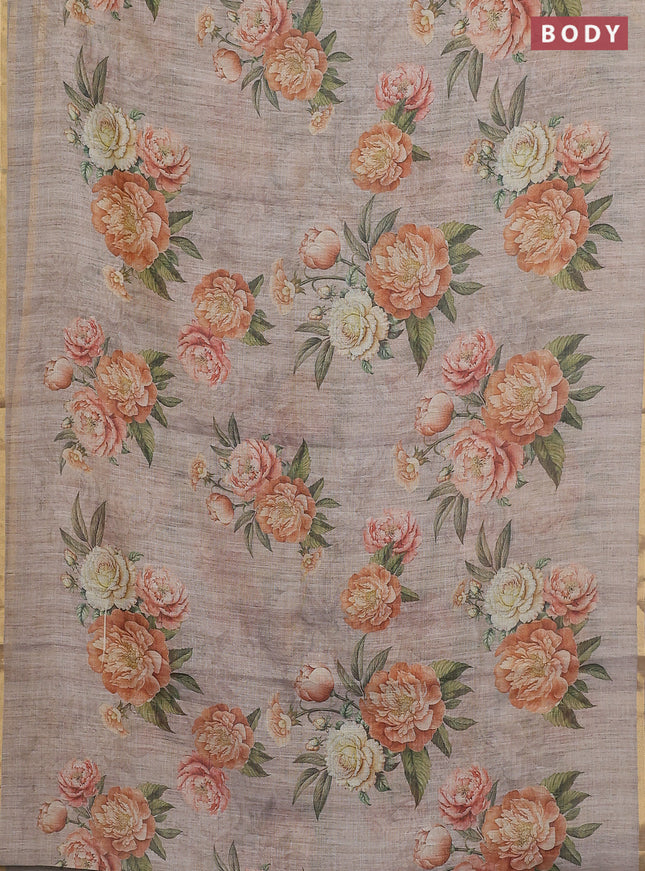 Linen cotton saree grey with plain body and digital printed border