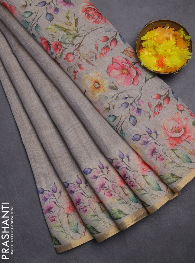 Linen cotton saree grey with plain body and digital printed border