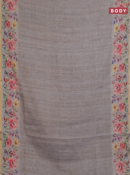Linen cotton saree grey with plain body and digital printed border
