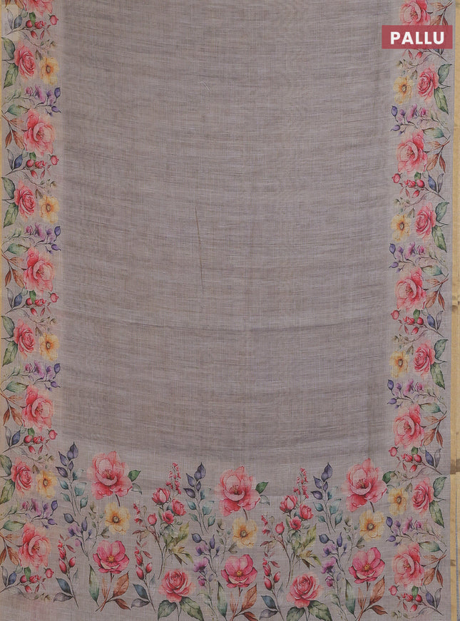 Linen cotton saree grey with plain body and digital printed border
