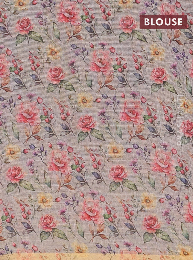 Linen cotton saree grey with plain body and digital printed border