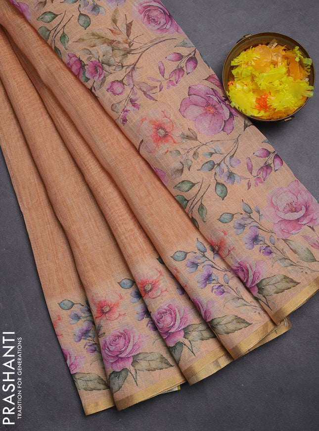 Linen cotton saree orange with plain body and digital printed border