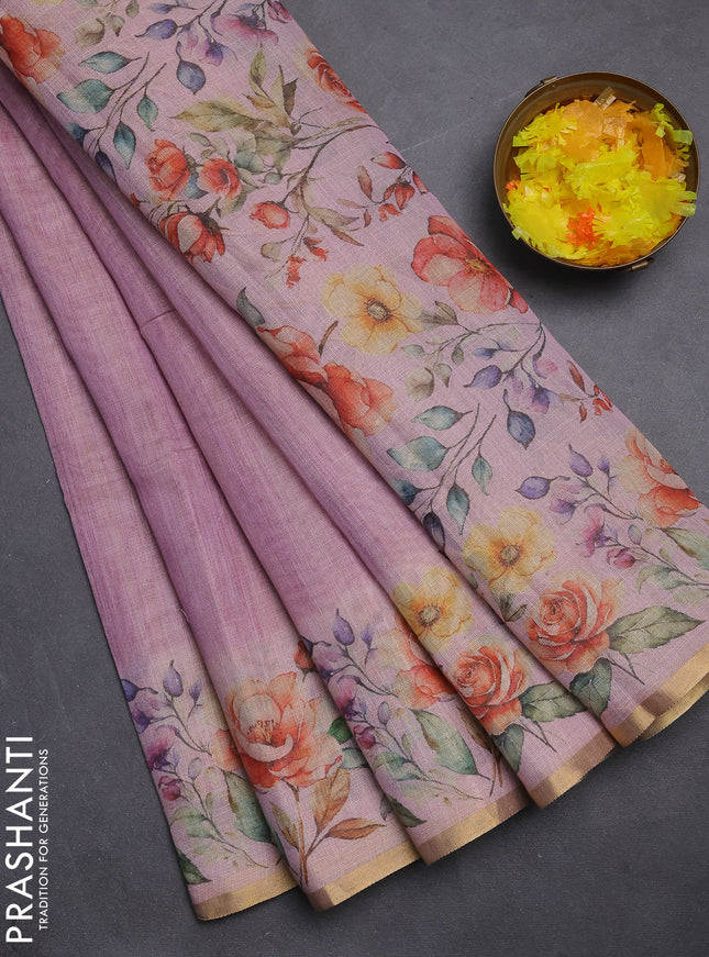 Linen cotton saree light pink with plain body and digital printed border