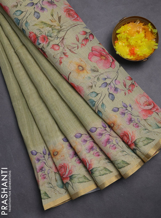 Linen cotton saree green shade with plain body and digital printed border