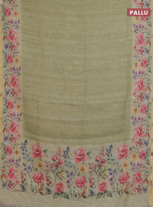 Linen cotton saree green shade with plain body and digital printed border