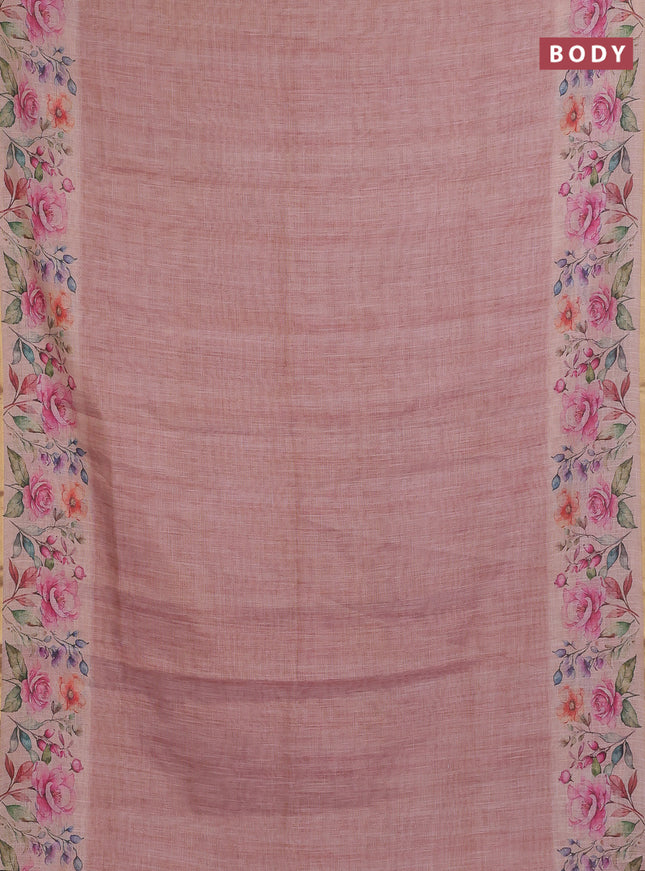 Linen cotton saree peach pink with plain body and digital printed border