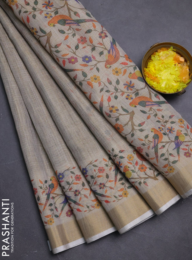 Linen cotton saree grey with plain body and digital printed border