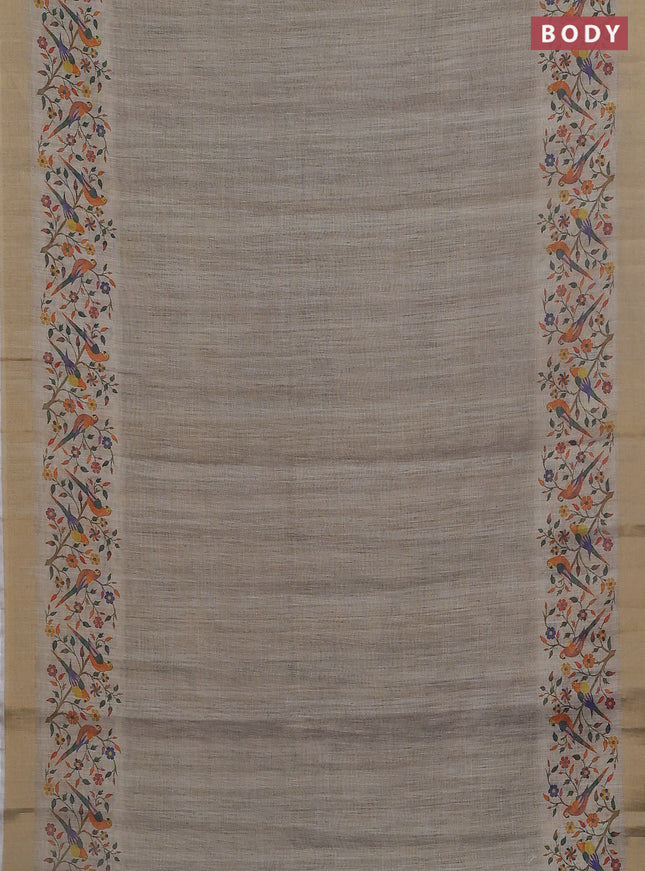 Linen cotton saree grey with plain body and digital printed border