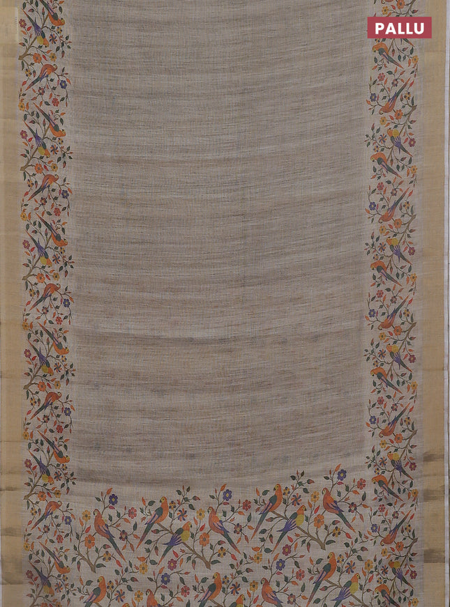 Linen cotton saree grey with plain body and digital printed border