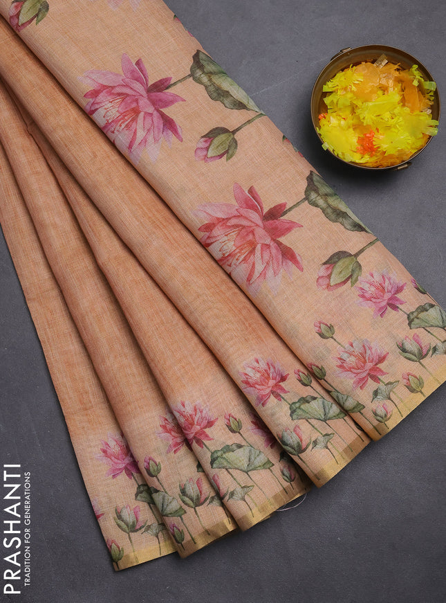 Linen cotton saree pale orange with plain body and digital printed border