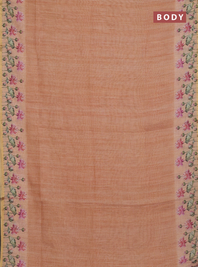 Linen cotton saree pale orange with plain body and digital printed border