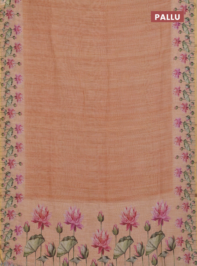 Linen cotton saree pale orange with plain body and digital printed border