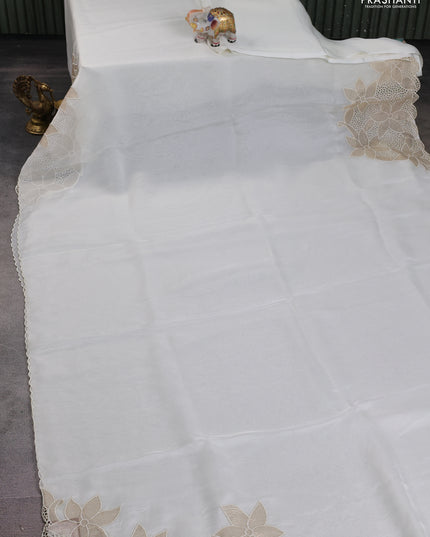Satin Organza saree off white with plain body and floral design cut work border