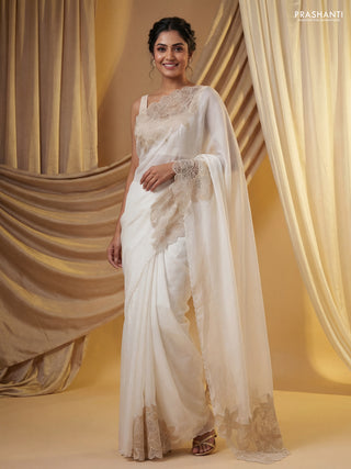 Satin Organza saree off white with plain body and floral design cut work border