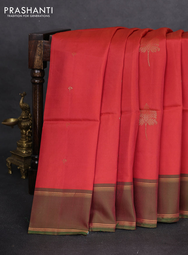 Kanchipuram silk saree red and dual shade of green with zari woven buttas and rettapet zari woven border