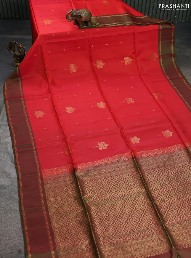 Kanchipuram silk saree red and dual shade of green with zari woven buttas and rettapet zari woven border