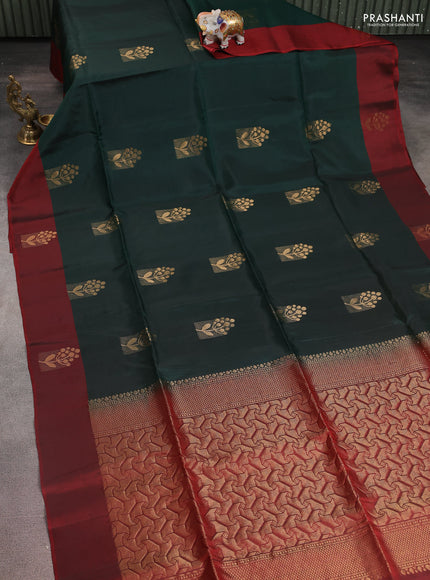 Kanchipuram silk saree bottle green and maroon with zari woven buttas and zari woven butta border