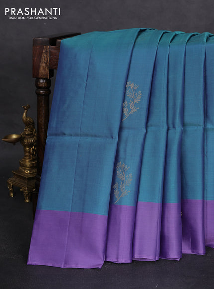 Kanchipuram silk saree teal blue and lavender with zari woven buttas and zari woven butta border