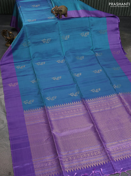 Kanchipuram silk saree teal blue and lavender with zari woven buttas and zari woven butta border