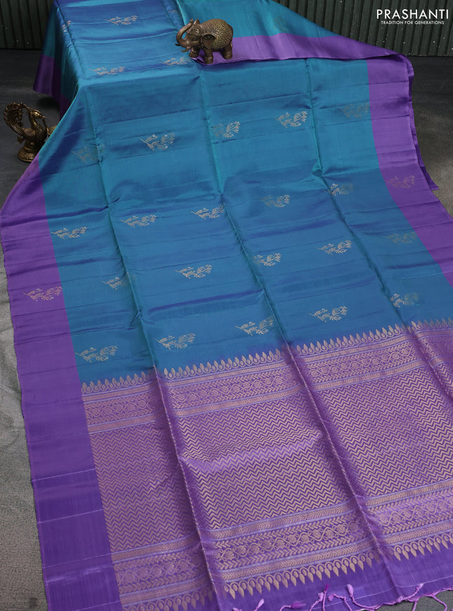 Kanchipuram silk saree teal blue and lavender with zari woven buttas and zari woven butta border