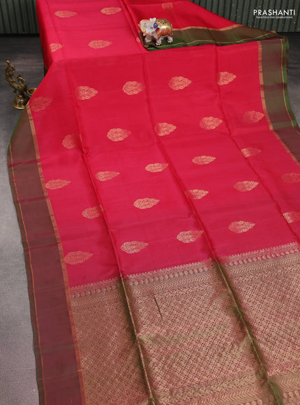 Kanchipuram silk saree pink and dual shade of green with zari woven buttas and rettapet zari woven border