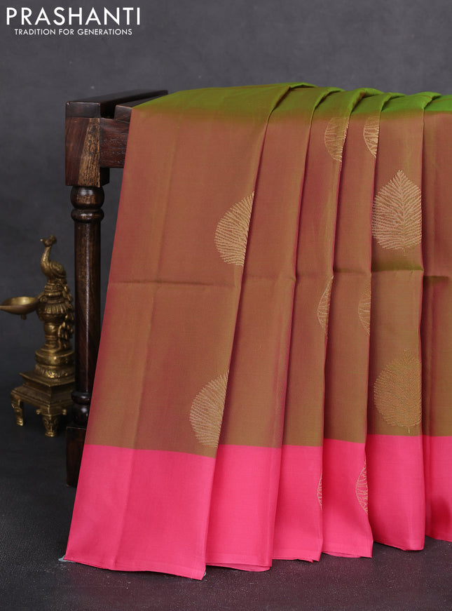 Kanchipuram silk saree dual shade of mehendi green and pink with zari woven buttas and zari woven butta border