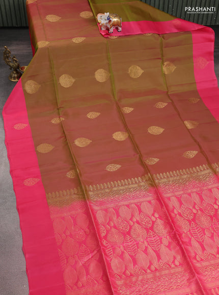 Kanchipuram silk saree dual shade of mehendi green and pink with zari woven buttas and zari woven butta border