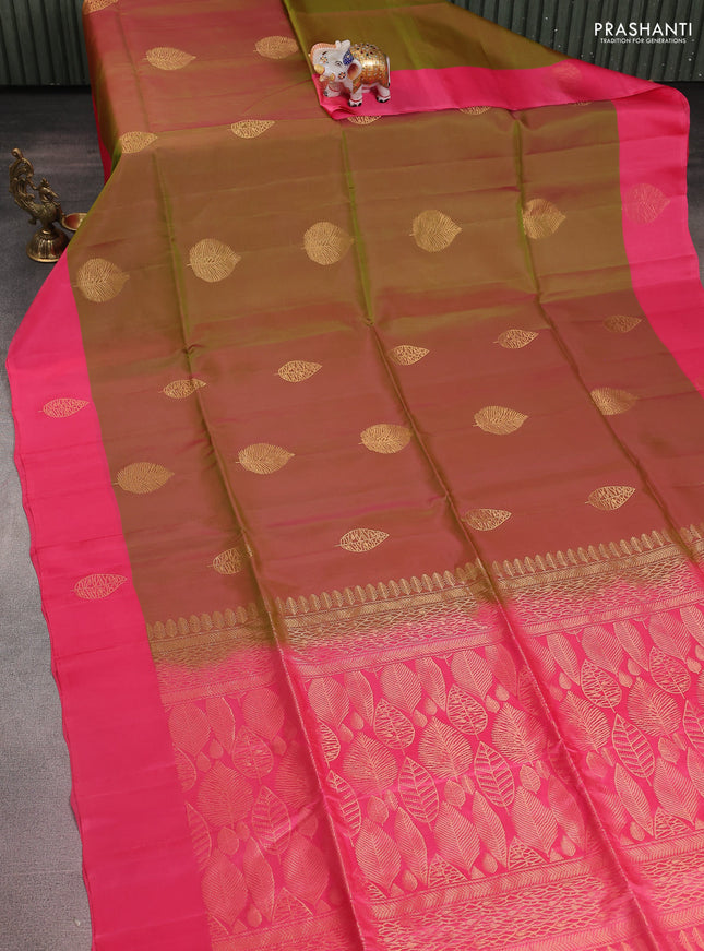 Kanchipuram silk saree dual shade of mehendi green and pink with zari woven buttas and zari woven butta border