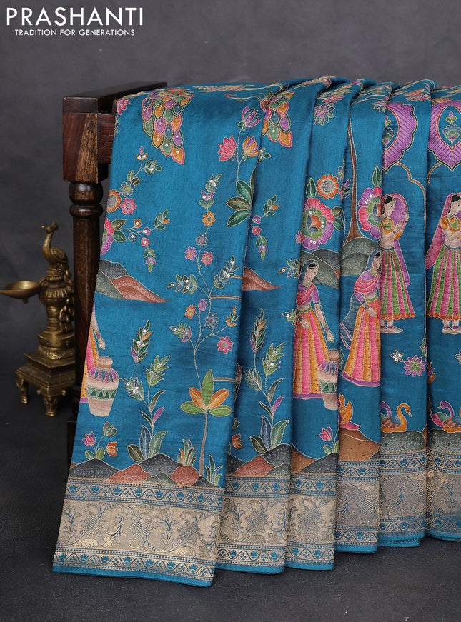 Crepe silk saree peaccock blue with allover mina weaves & sequin work and zari woven border