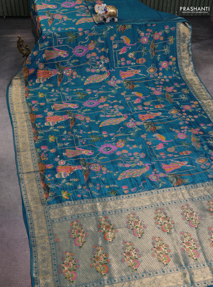Crepe silk saree peaccock blue with allover mina weaves & sequin work and zari woven border