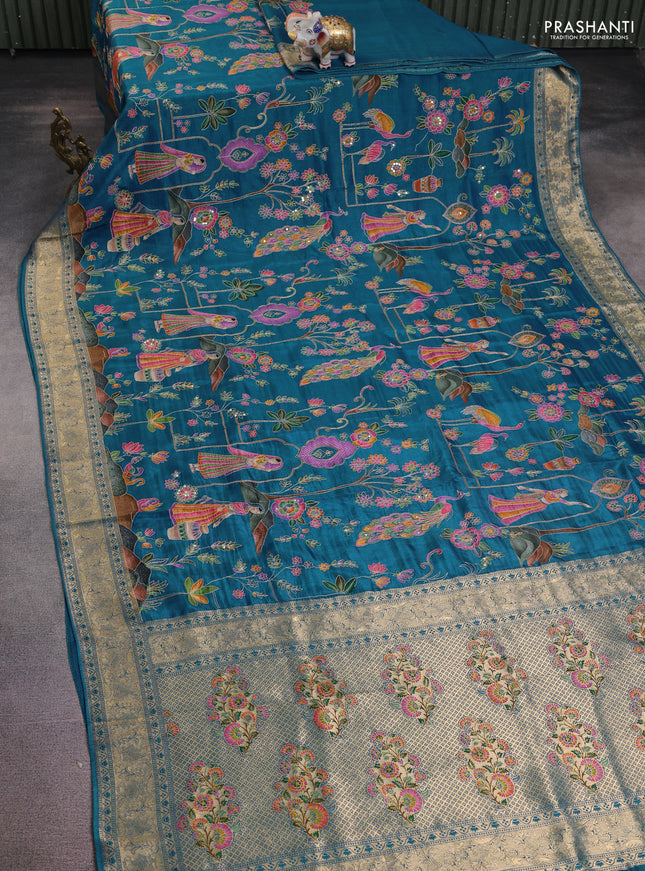 Crepe silk saree peaccock blue with allover mina weaves & sequin work and zari woven border