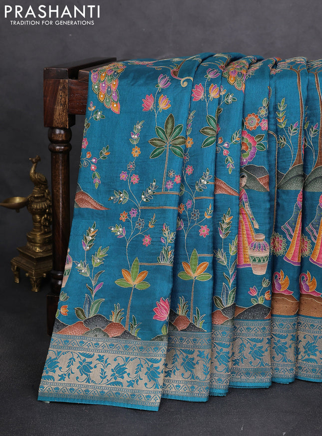 Crepe silk saree cs blue with allover mina weaves & sequin work and zari woven border