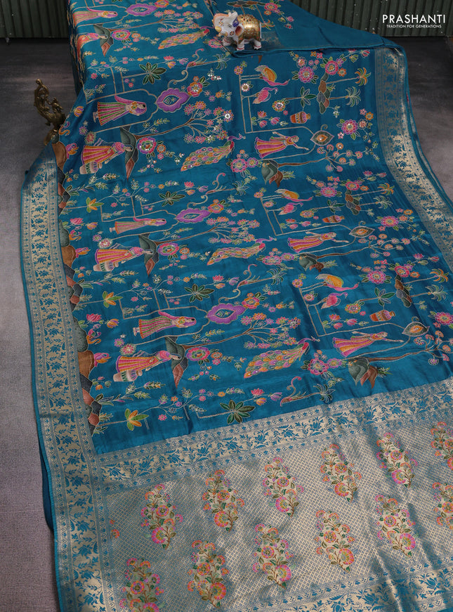 Crepe silk saree cs blue with allover mina weaves & sequin work and zari woven border