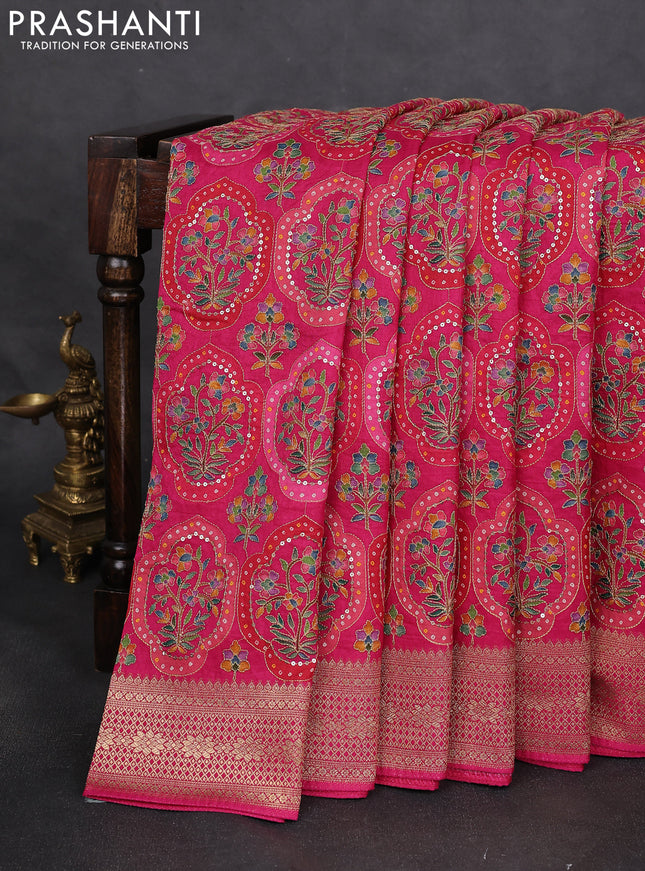 Crepe silk saree pink with allover bandhani mina weaves & sequin work and zari woven border
