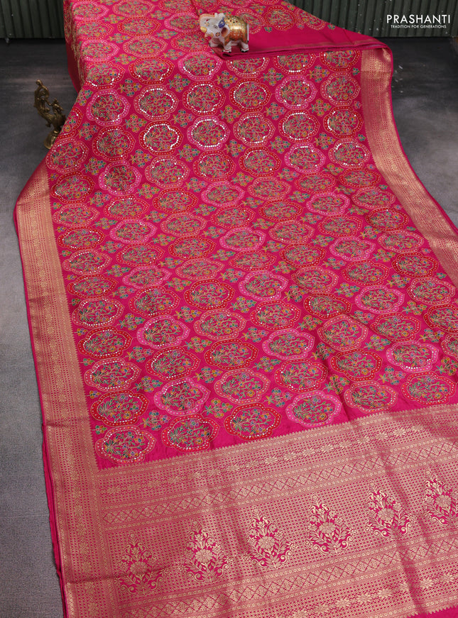 Crepe silk saree pink with allover bandhani mina weaves & sequin work and zari woven border