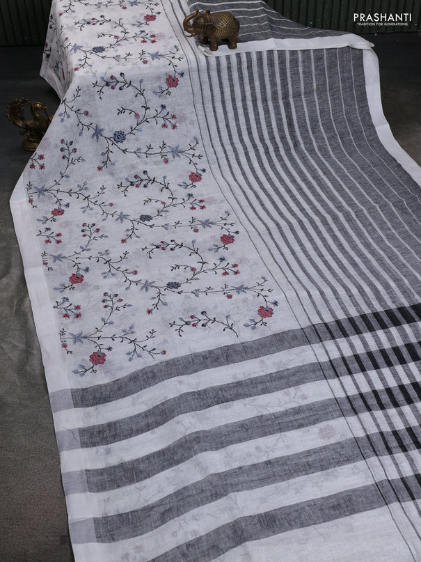 Pure linen saree off white and black with half & half style and border less style